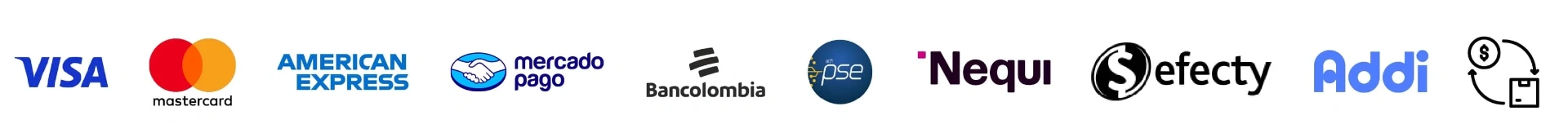 Métodos de pago: Visa, Mastercard, American Express, Mercado Pago, Bancolombia, PSE, Nequi, Efecty, Addi y contra entrega
